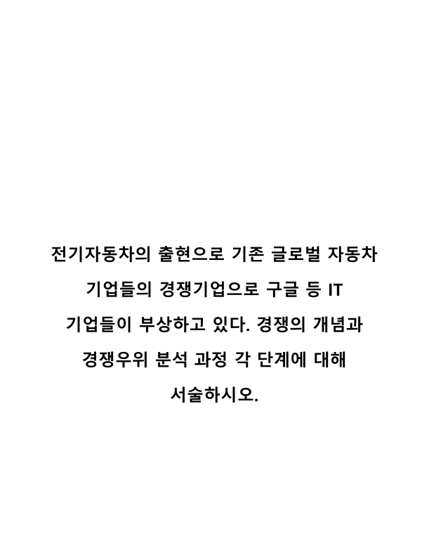 전기자동차의 출현으로 기존 글로벌 자동차 기업들의 경쟁기업으로 구글 등 IT 기업들이 부상하고 있다. 경쟁의 개념과 경쟁우위 분석 과정 각 단계에 대해 서술하시오
