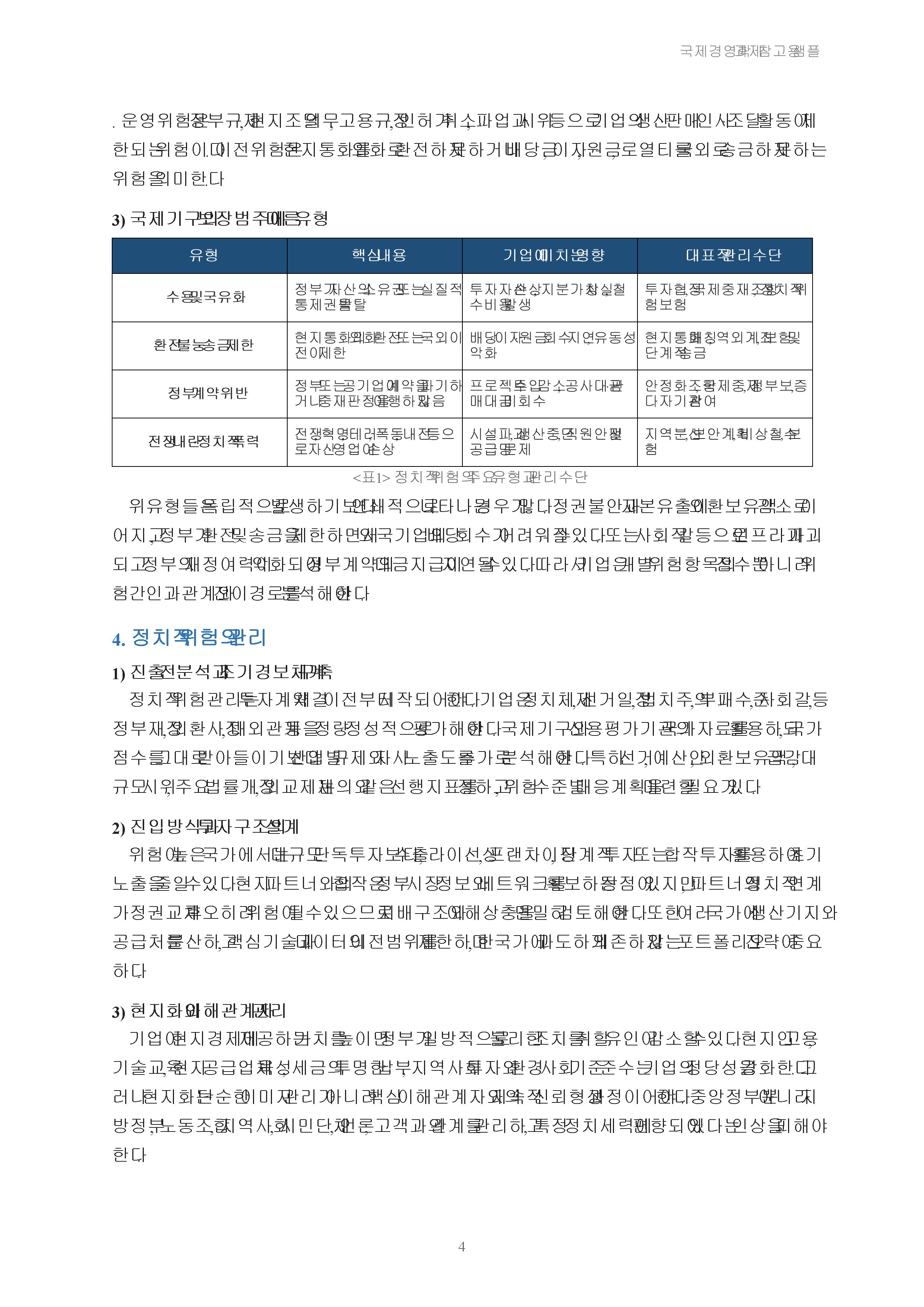 정치적 위험의 개념, 원인, 유형, 관리를 설명하시고, 정치적 위험과 국가적 위험을 비교 설명하시오 미리보기 3