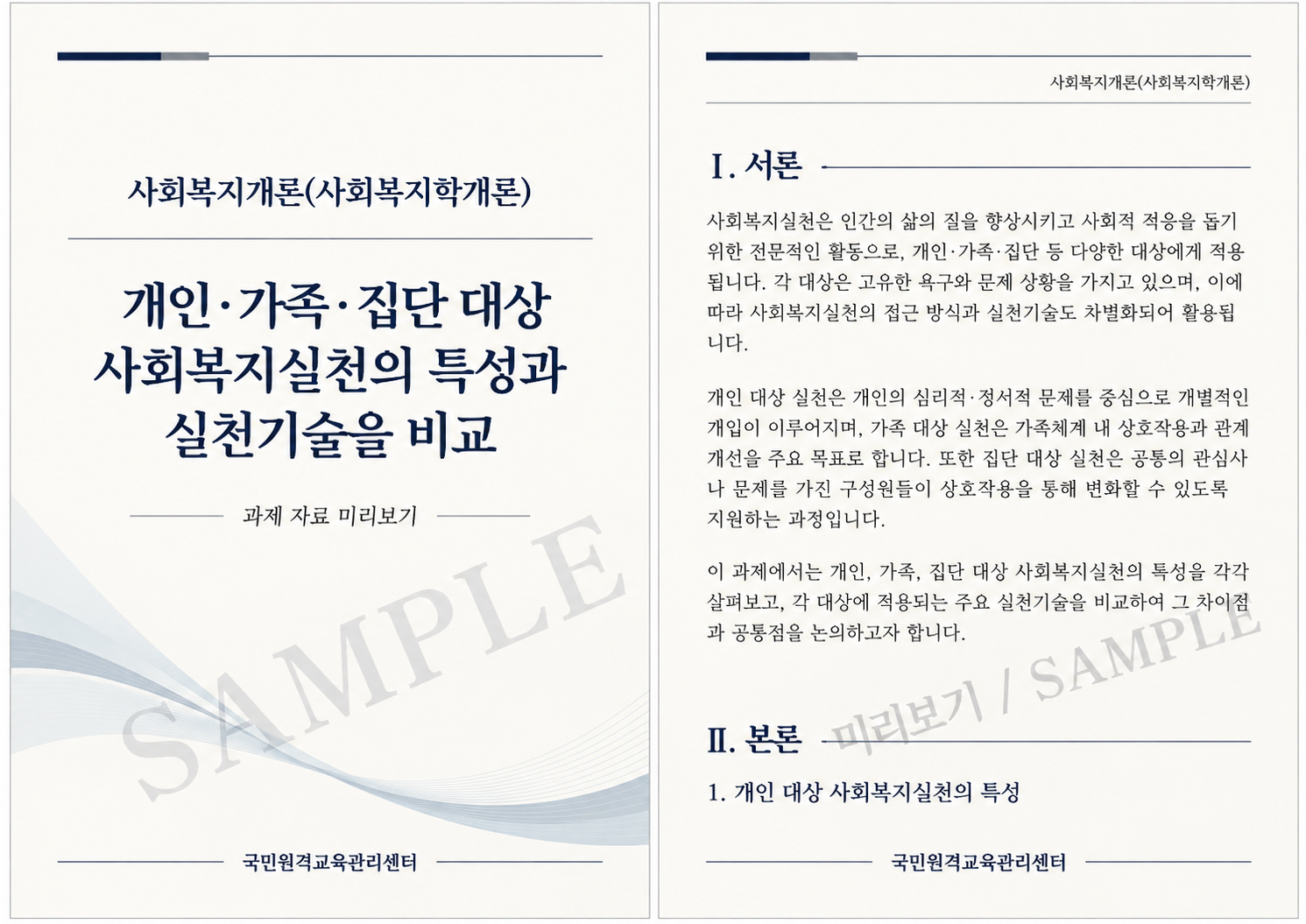 개인·가족·집단 대상 사회복지실천의 특성과 실천기술을 비교 미리보기