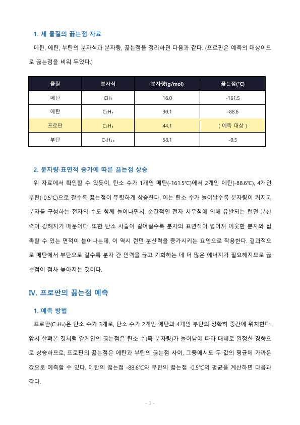 다음 표에 보여준 물질 (메탄, 에탄, 부탄)의 끓는점이 차이가 나는 이유를 설명하고 이 설명을 바탕으로 프로판의 끓는점을 예측하시오 미리보기 3