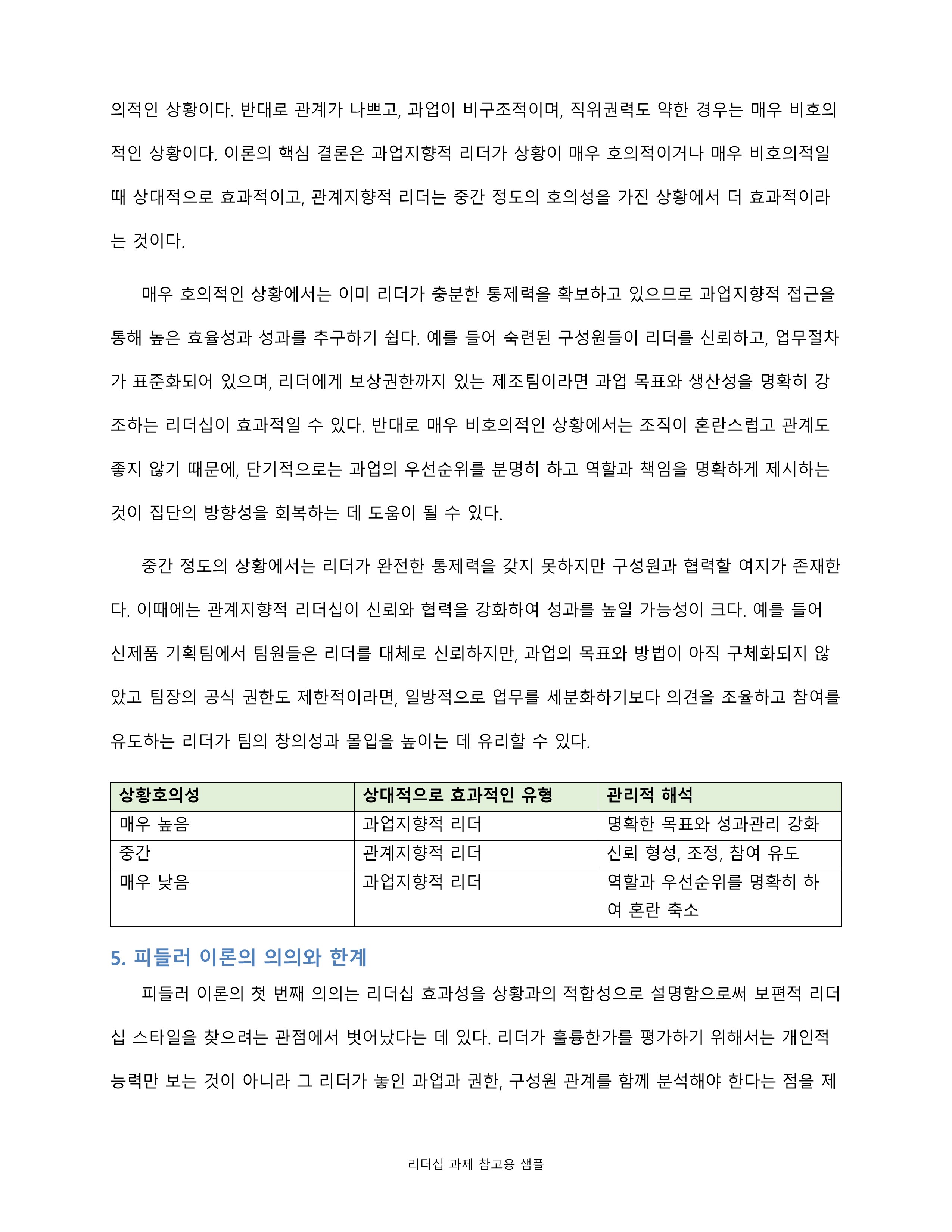 피들러의 리더십 상황이론의 개요를 정리하고 리더십 유형의 효율성에 영향을 미치는 상황변수를 각각 설명한 후 피들러 이론이 결론적으로 어떤 의의를 가지고 있는지 정리하시오 미리보기 4