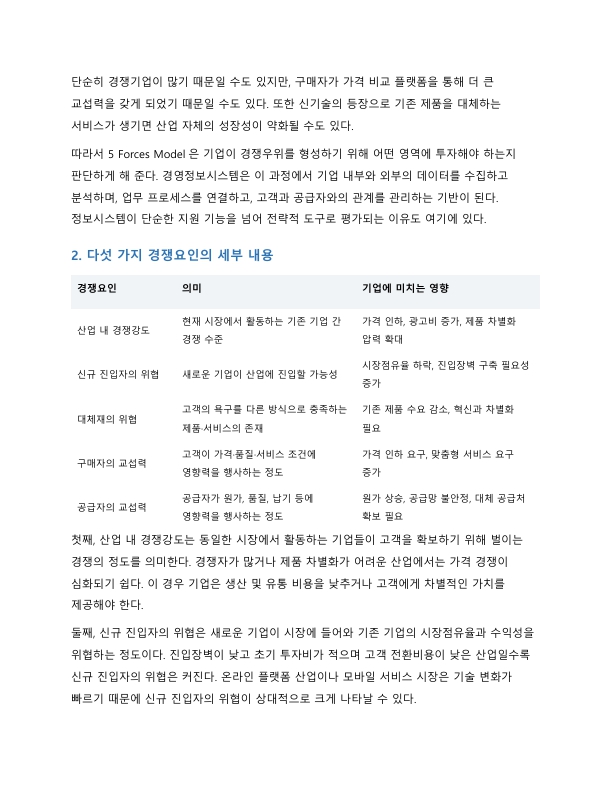 마이클 포터의 5 Forces Model에 대해 설명하고, 정보시스템이 가질 수 있는 역할을 제시하시오 미리보기 2