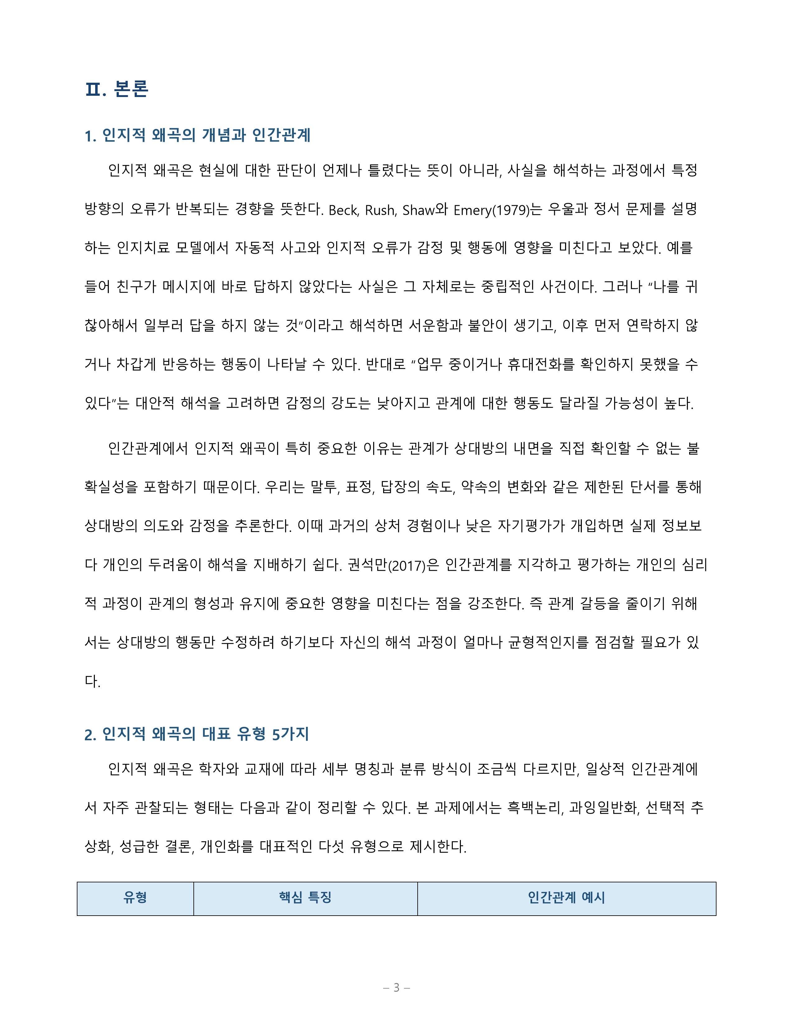 인지적 왜곡 유형 5가지를 설명하고 자신이 가진 왜곡 한 가지가 인간관계에 미친 영향을 실제 경험으로 분석 미리보기 3