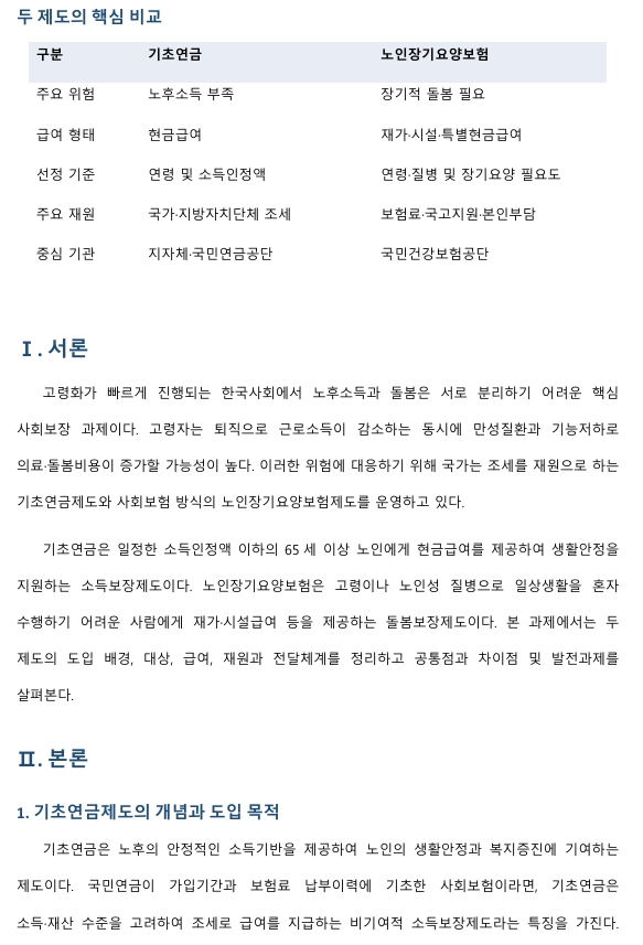 기초연금제도와 노인장기요양보험제도에 대해서 작성하시오. 미리보기 2