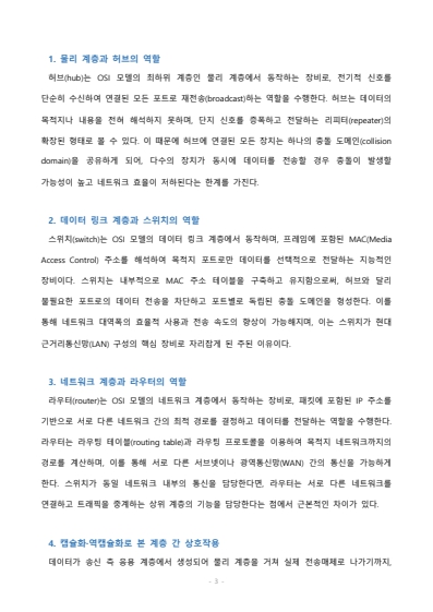 OSI 참조 모델의 각 계층이 실제 네트워크 장비(예: 라우터, 스위치, 허브)와 어떻게 상호 작용하는지 설명하시오. 미리보기 3